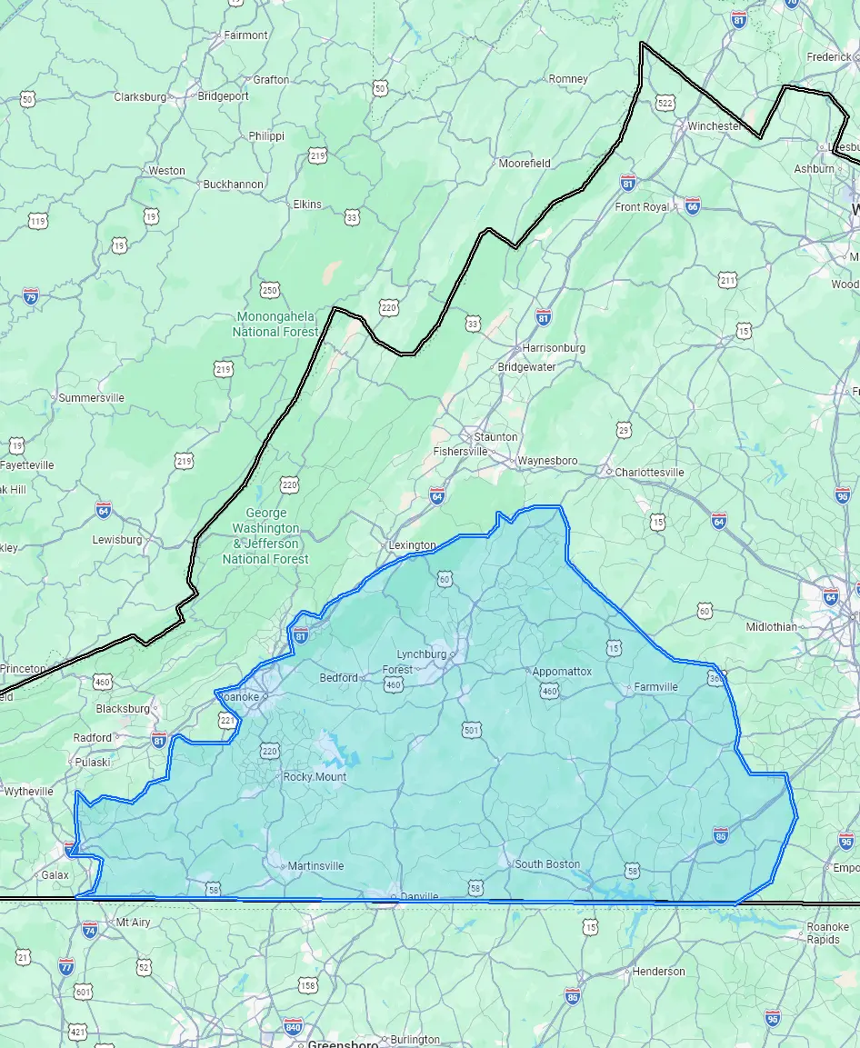 Two-hour service area from Danville, VA across Virginia