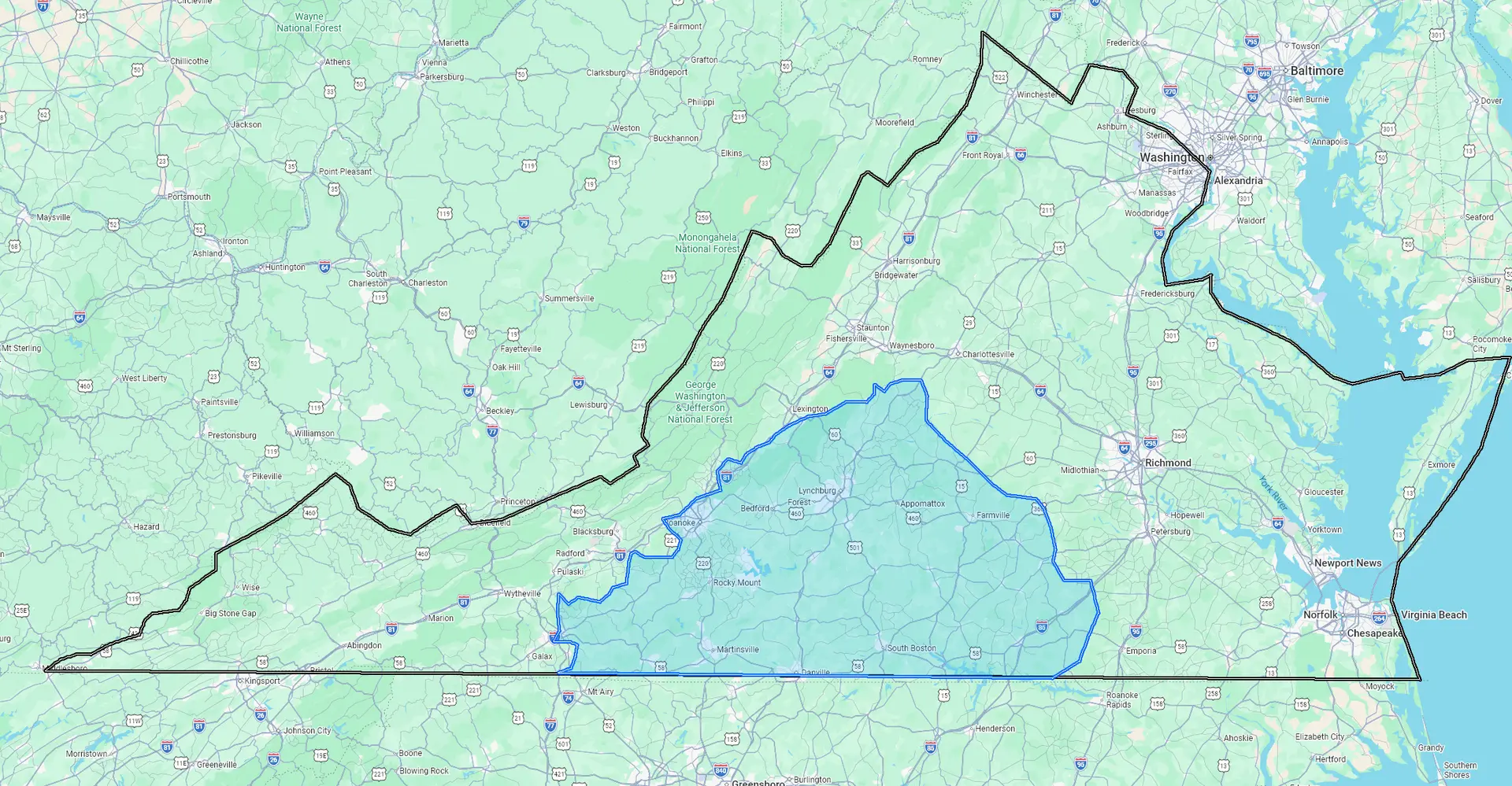 Two-hour service area from Danville, VA across Virginia