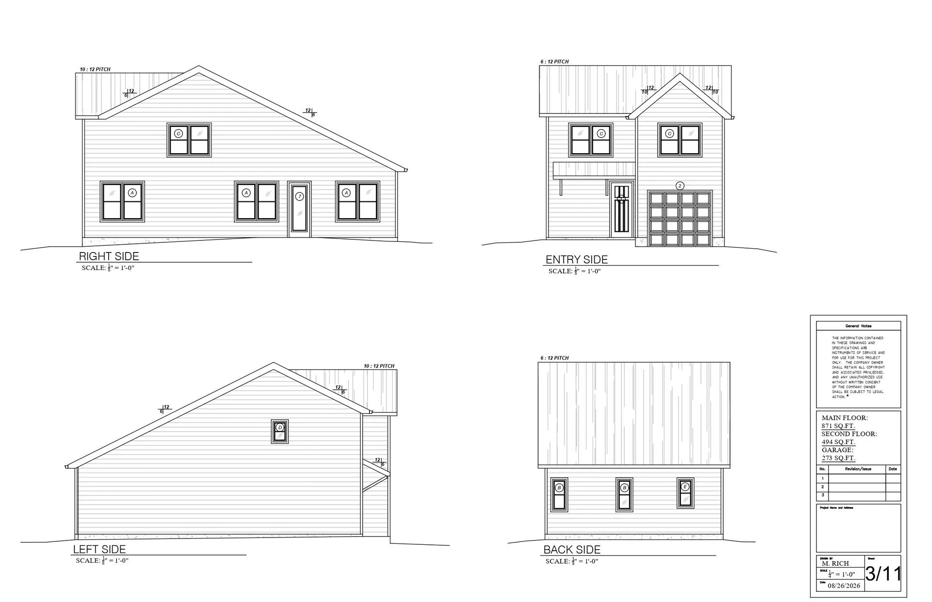 Front, rear, and side elevations for a two-story garage-front residence
